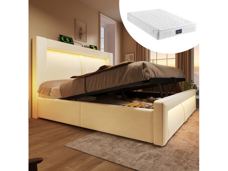  Lit double 140 x 200 cm beige en velours avec rangement hydraulique, led, ports usbtype-c et matelas  - Conforama B