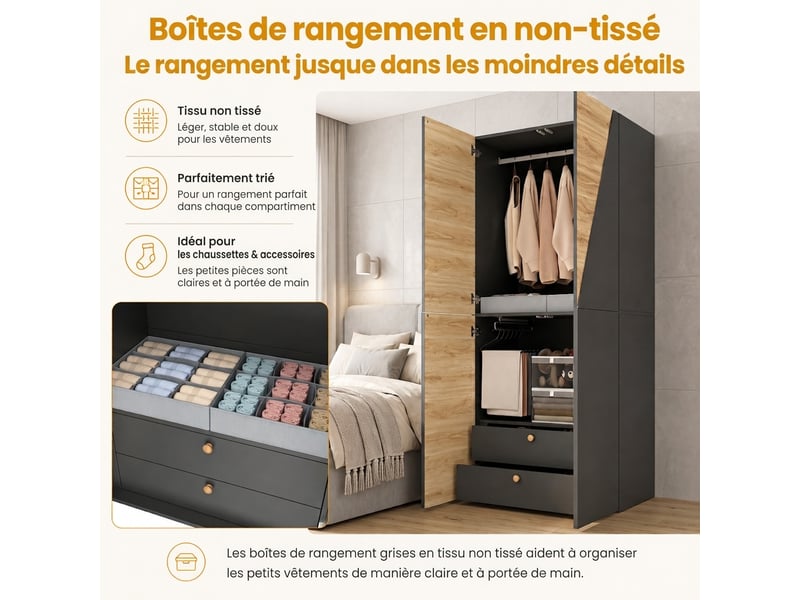  Armoire 8 portes 180x50x200 cm avec 6 tiroirs et 2 tringles, penderie chêne moderne  - Conforama R
