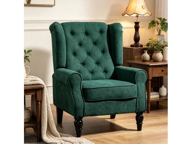  Fauteuil à oreilles capitonné avec assise rembourrée et dossier haut, pieds en bois, tissu vert foncé  - Conforama B