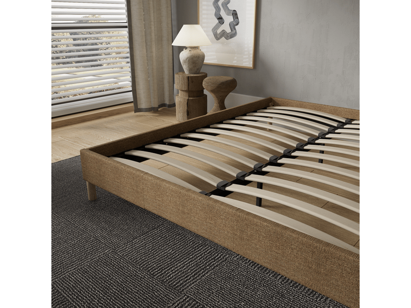 Lit 180x200 cm avec sommier, tissu brun, lattes et pieds en bois Alya brun - Conforama E