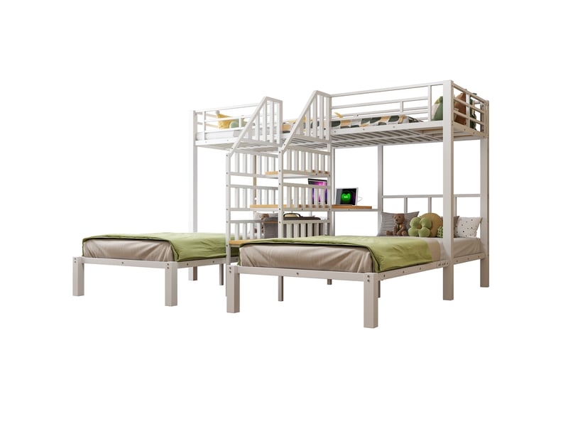  Lit superposé 3 couchages 90 x 200 cm avec bureau et rangement, en métal et mdf blanc, sans matelas  - Conforama A