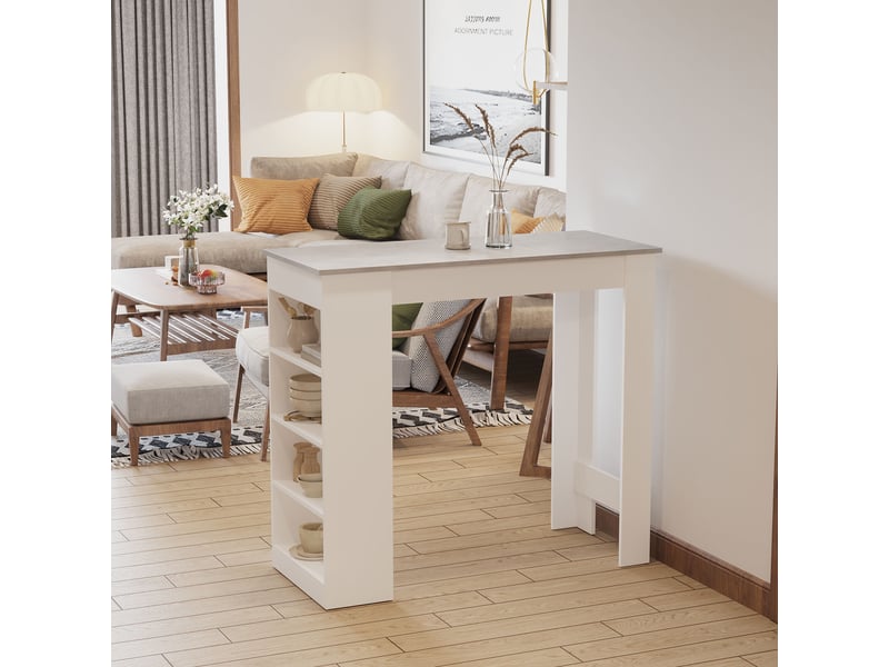 Table de bar pour 2 personnes, table haute mange debout avec 4 étagères ouvertes, 115x50x102,7cm, blanc et gris  - Conforama C