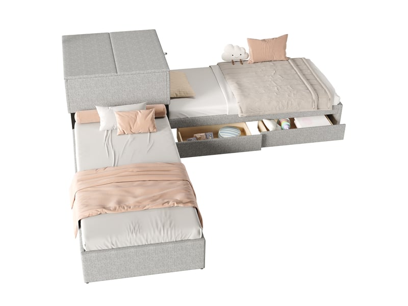  Lit enfant d’angle 90x200 cm en lin gris avec lit gigogne et rangements  - Conforama A