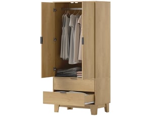 Armoire à 2 portes avec fermeture amortie, 2 tiroirs et tringle à vêtements, 80 x 50 x 180 cm, bois naturel