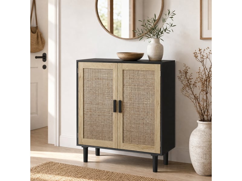  Meuble de rangement à 2 portes 80x40x88 cm, portes magnétiques en mdf et rotin noir  - Conforama C