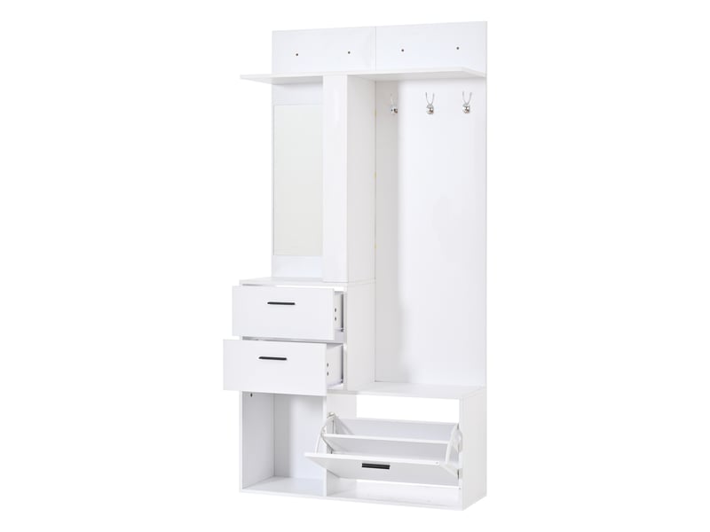  Meuble d’entrée avec miroir en pied, range-chaussures rabattable, 90 x 30 x 180 cm, blanc  - Conforama A