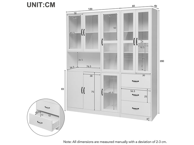 Vitrine led avec 8 portes et 3 tiroirs de rangement pour salon ou salle à manger, blanche, 180 × 40 × 200 cm - Conforama E
