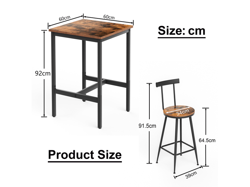  Ensemble table haute et 2 tabourets industriels marron rustique et noir 60 x 60 x 92 cm pour petits espaces  - Conforama C