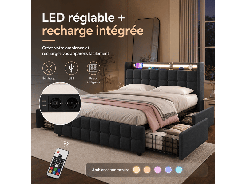  Lit adulte 160x200 cm, avec led et charge usb, lit adulte avec 4 tiroirs, tête de lit rangement, sommier à lattes, lit double 160x200 cm avec chargement usb éclairage led et 4 tiroirs,lit adulte rangement cadre de lit sommier à …  - Conforama C