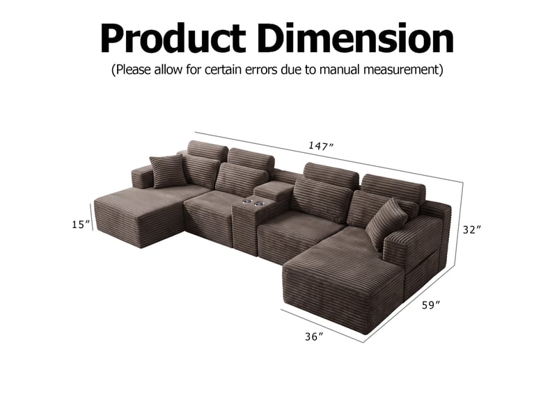  Canapé d'angle modulable 6 places en velours côtelé kaki, 373,38 x 149,86 x 81,28 cm, forme en u, porte-gobelets, poches latérales, sans armature CARDUME ESTIVAL - Conforama C