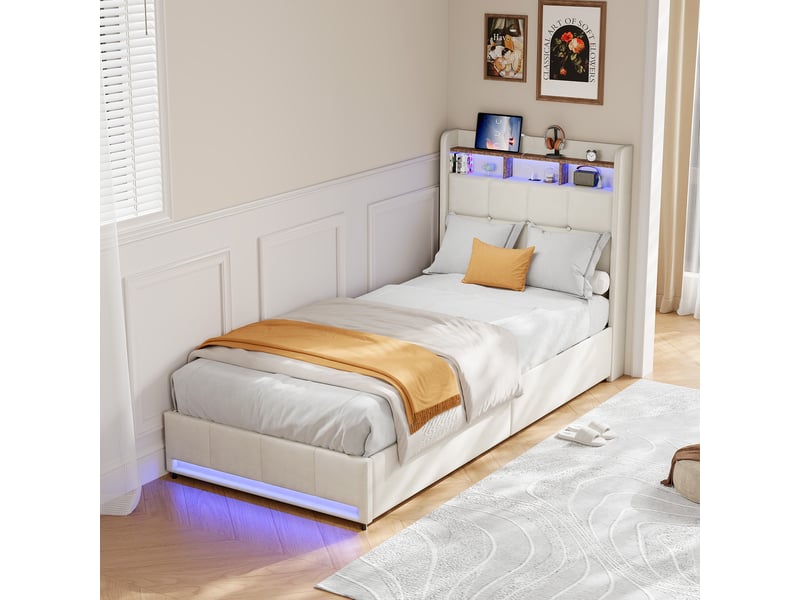 Lit 1 place 90x200 cm avec 4 tiroirs,lit simple avec led et chargeur usb-c, lit jeune, sommier, beige lin, sans matelas - Conforama D