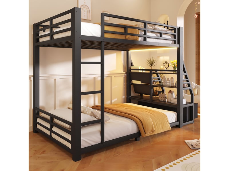  Lit superposé 90x200 cm – lit enfant métal avec led 2 tiroirs tissu et 2 étagères – métal – noir CozyNest - Conforama C