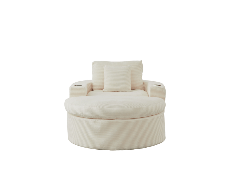  Fauteuil lounge rond extra grand sans armature avec pouf, rangement integre et porte-gobelet, coussin double couche  - Conforama A