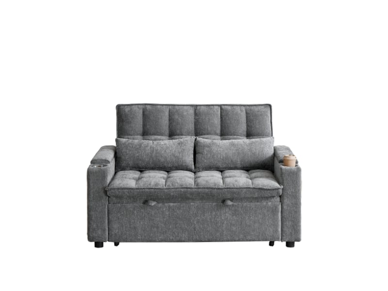 Canapé convertible 3-en-1 142 cm en chenille, lit gigogne, rangements, porte-gobelets et coussins, gris, design actuel  - Conforama A