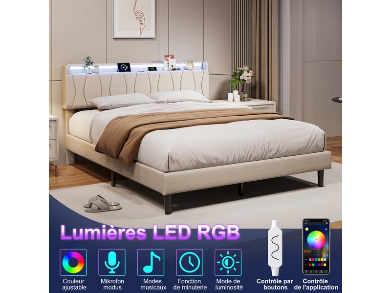  Lit 140x200cm - lit double 140x200 en lin avec tête de lit lumineuse, rangement, prises usbtype-c, éclairage led rgb - beige  - Conforama D