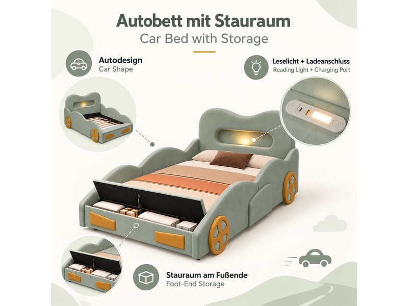  Lit voiture 90 x 200 cm avec coffre au pied, lumière de lecture, port de charge et dossier rembourré, velours, vert Morn Vibe - Conforama E