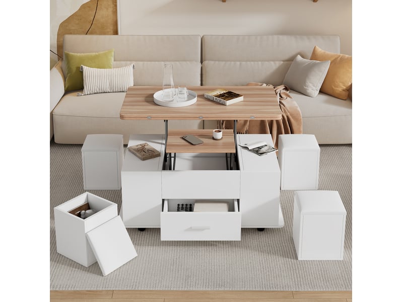 Table basse relevable avec tiroir, 4 tabourets de rangement, roulettes pour salon, blanc et bois naturel, 100 × 50 × 45 cm - Conforama C