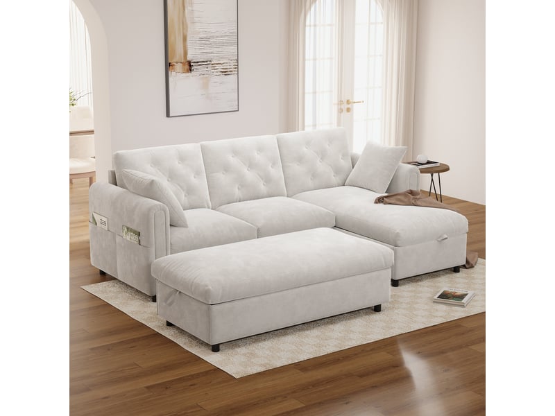  Canapé d'angle 4 places avec méridienne et pouf en velours beige, 219×131×86 cm, rangements intégrés, méridienne réversible  - Conforama B