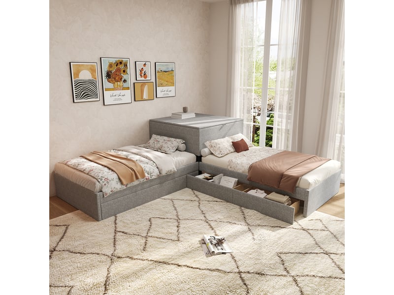 Lit d'angle 90x200 cm en lin gris avec lit gigogne 3 places et tiroirs de rangement  - Conforama B