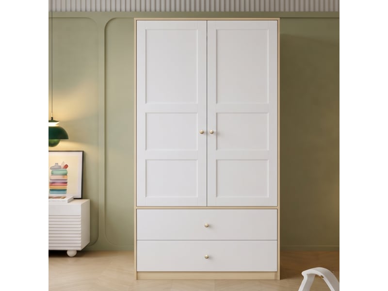 Armoire 2 portes 100 x 48 x 180 cm avec penderie et 2 tiroirs, grand rangement pour chambre et entrée, design moderne blanc et effet bois naturel, pour usage quotidien à la maison OPULERANE TRADING LTD - Conforama E
