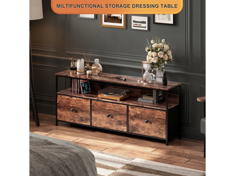  Meuble tv avec led,armoire tv de salon avec 3 tiroirs, tiroirs en tissu et structure en métal,137 x 29.8 x 57 cm,marron  - Conforama W