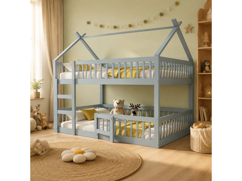  Lit superposé enfant gris 140 x 200 cm avec escalier intégré  - Conforama C