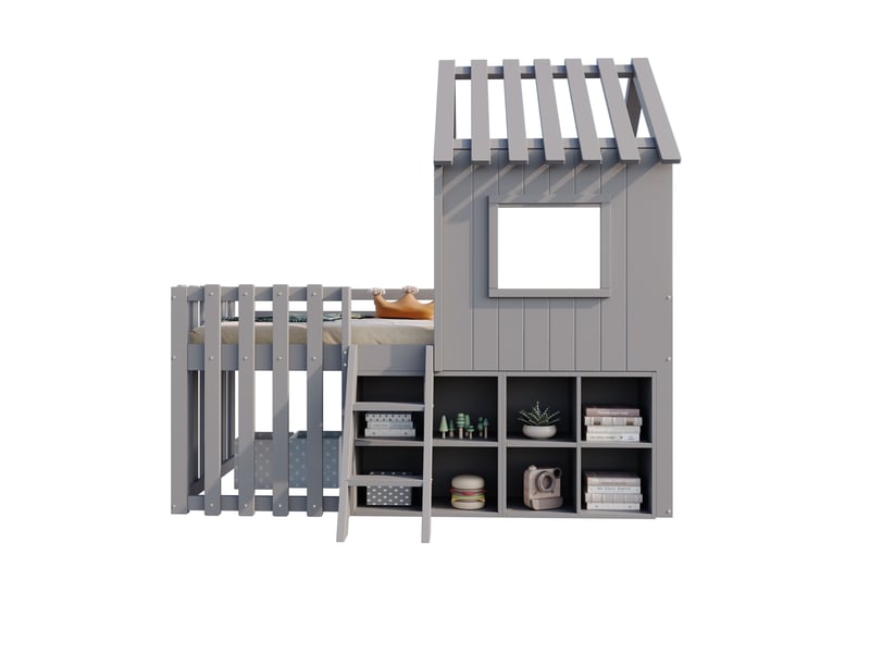  Lit enfant maison 90x200 gris, bois massif, toit et fenêtre, rangement ouvert, échelle, sans matelas.  - Conforama A