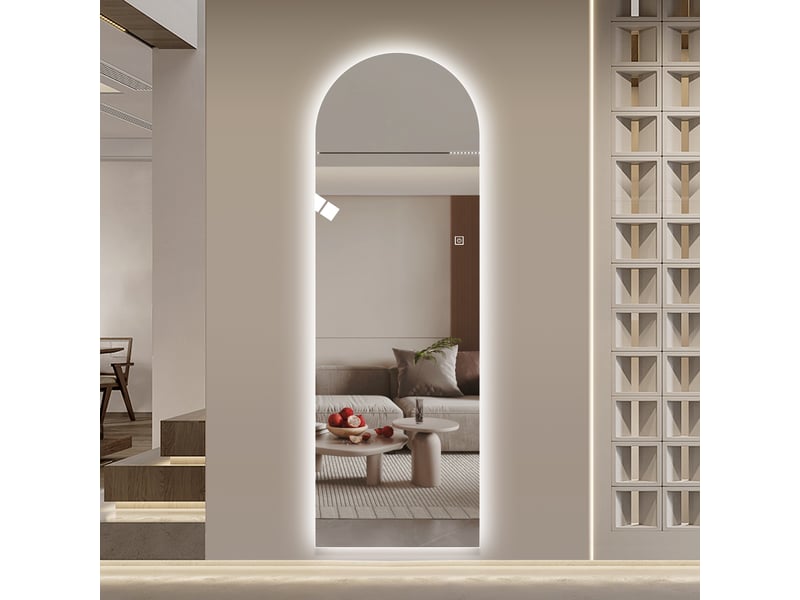 Miroir sur pied - 165x50 cm - miroir en pied arqué avec led rétroéclairé, variateur d'intensité et verre de sécurité - argenté - Conforama C