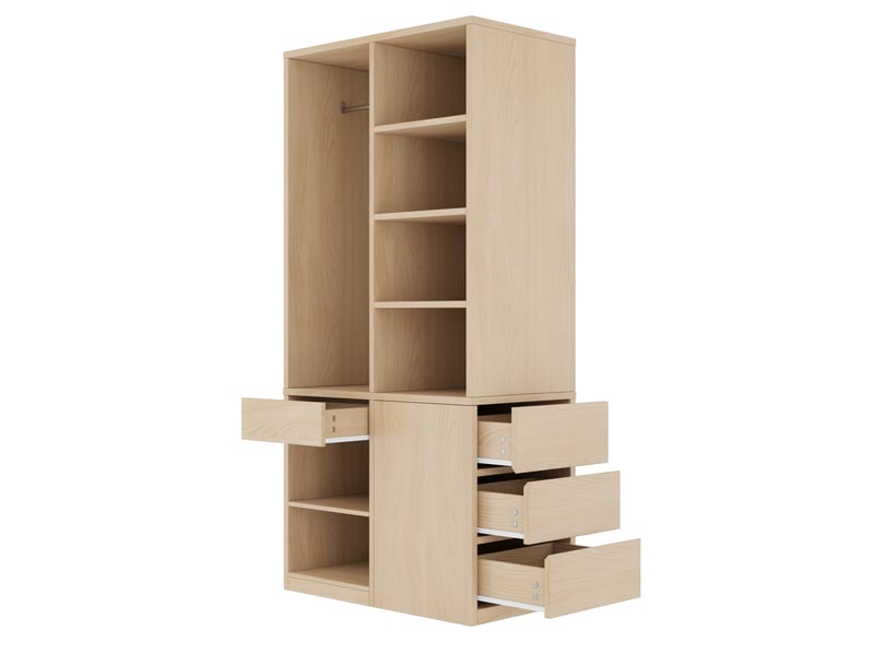 Armoire penderie 70 x 50 x 170 cm couleur bois, mdf, 3 tiroirs, étagères ouvertes et tringle en métal  - Conforama D