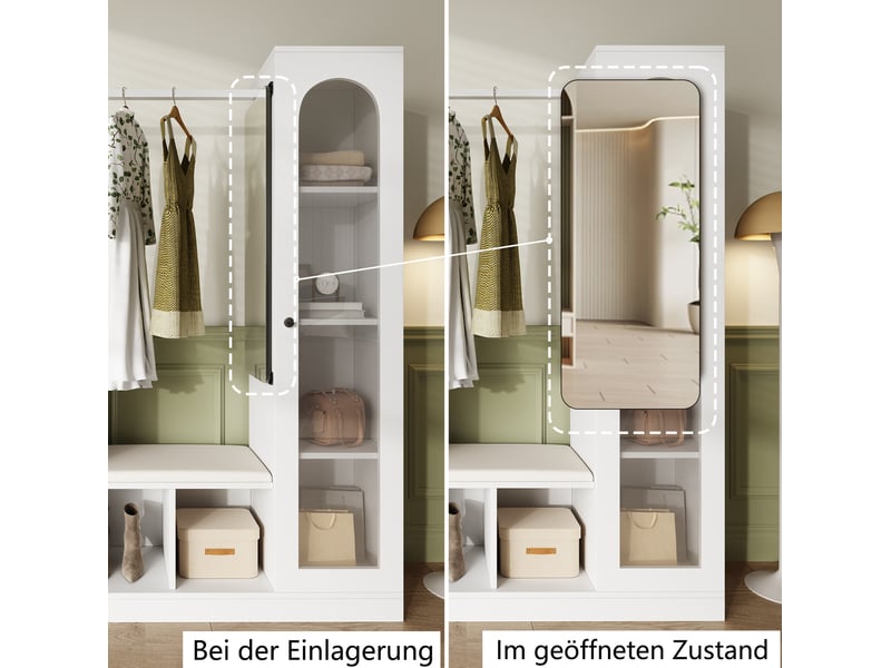  Meuble d'entrée avec miroir pivotant, vitrine led, banc et meuble à chaussures basculant, blanc, 163 × 50 × 161 cm  - Conforama E