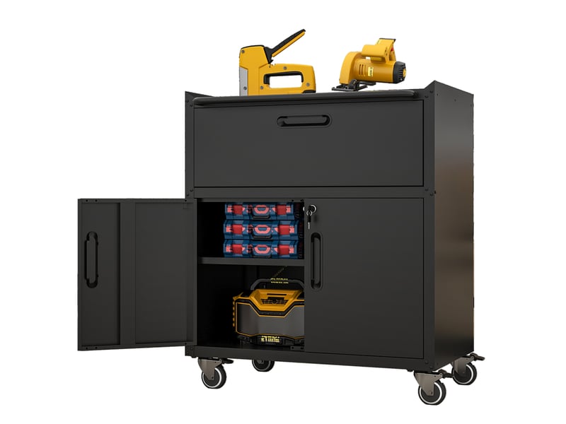  Armoire à outils métallique sur roulettes 75x42x88 cm – noir et gris – 1 tiroir, 2 portes verrouillables, étagères réglables  - Conforama B
