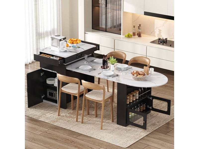  Îlot de cuisine buffet de cuisine à tiroirs sur roulettes table repas extensible multiprises intégrées éclairage led intégré tiroirs de rangement fonction table bar coloris noir  - Conforama B