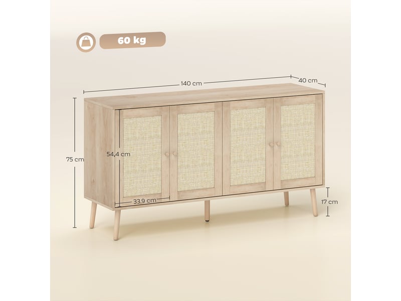  Buffet avec portes en cannage étagères réglables effet bois naturel 140 x 40 x 75 cm  - Conforama C