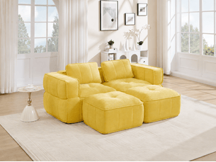 Canapé modulable 2 places avec 2 poufs, polyester jaune, sans montage