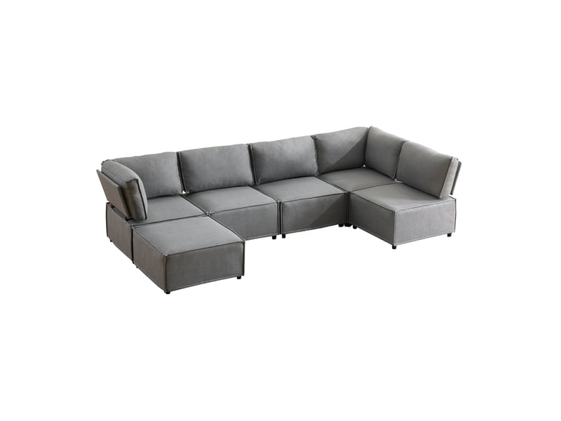 Canapé d’angle modulable 6 places en lin gris clair convertible en lit - Conforama A