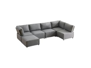 Canapé d'angle compressé réversible fixe <strong>MAISENTIEL</strong> <strong></strong> 6 places Tissu gris clair