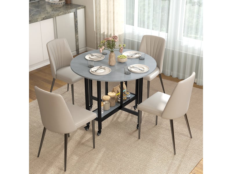 Table de salle à manger pliante à roulettes avec étagère ouverte, idéale pour les petits espaces, gris ciment - Conforama C