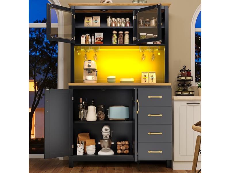  Meuble de cuisine muvano, buffet de cuisine 4 portes avec led, noir, 105,5 × 40 × 180 cm  - Conforama D