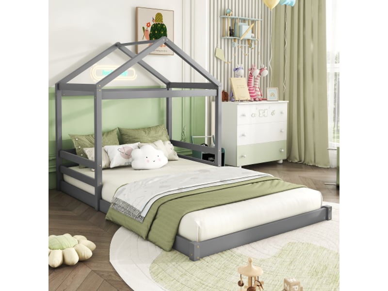  Lit enfant 140x200 cm, en forme de maison et avec lattes, en bois, gris, sans matelas  - Conforama B