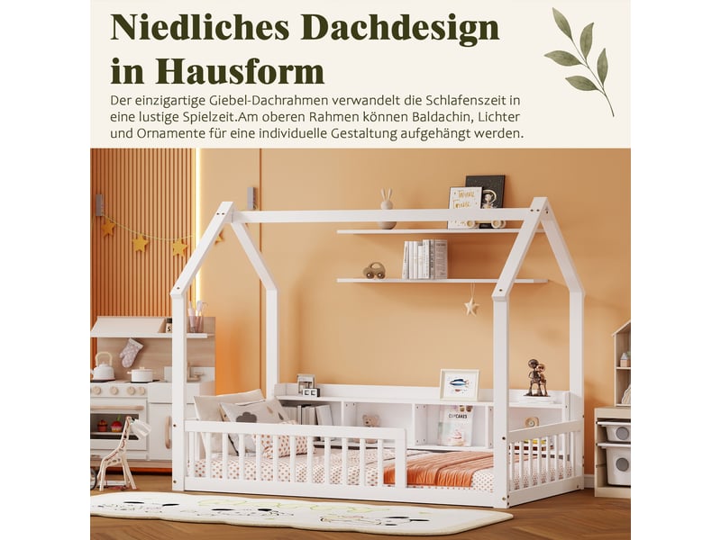 Lit cabane 90x200 cm, lit pour enfant, pin massif, avec des compartiments de rangement et des étagères, barrières, blanc - Conforama C