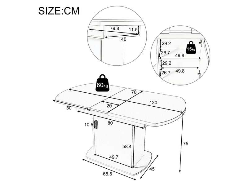  Table à manger ovale extensible 110-130 x 70 cm avec rangement, blanc et doré  - Conforama C