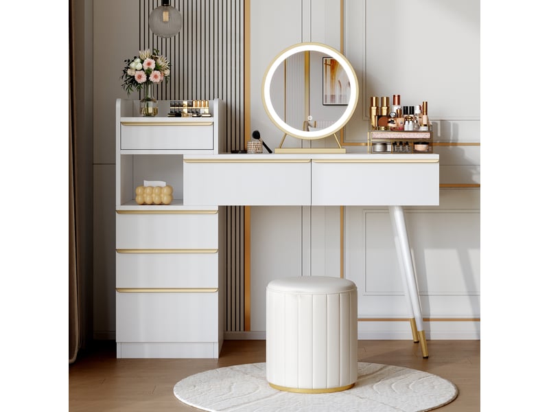  Coiffeuse moderne 102x99x41,5 cm avec miroir led dimmable, 6 tiroirs et poignées dorées, panneau de particules, blanc  - Conforama D