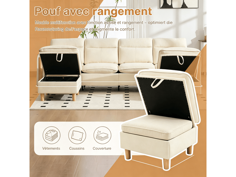 Canapé d'angle 3 places, avec 2 pouf de rangement, 261x77x86cm, beige - Conforama E