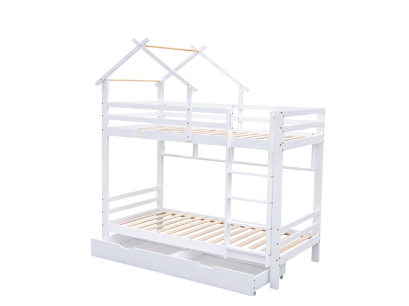  Lit superposé 90x200 cm, lit jeune avec tiroirs et étagères, cadre en bois de pin, sans matelas, blanc  - Conforama E