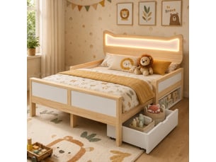 Lit enfant 140x200 cm blancchêne, oreilles de chat, led rgb, tiroirs et rangements latéraux, garde-corps, sans matelas