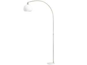 Lampadaire, tête incurvée, interrupteur au pied, base en marbre, abat-jour en plastique, blanc