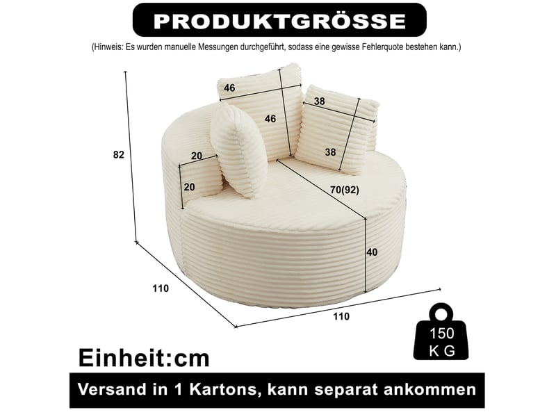  Fauteuil relax rond avec accoudoirs larges et 3 coussins, design minimaliste, en velours côtelé beige  - Conforama D