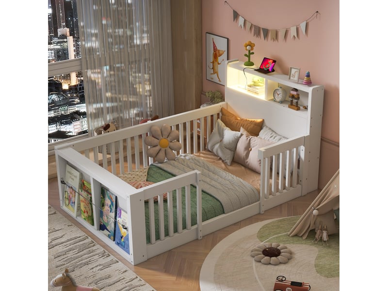  Lit enfant 90x190 cm avec barrières, usb, veilleuse et rangement, blanc  - Conforama D