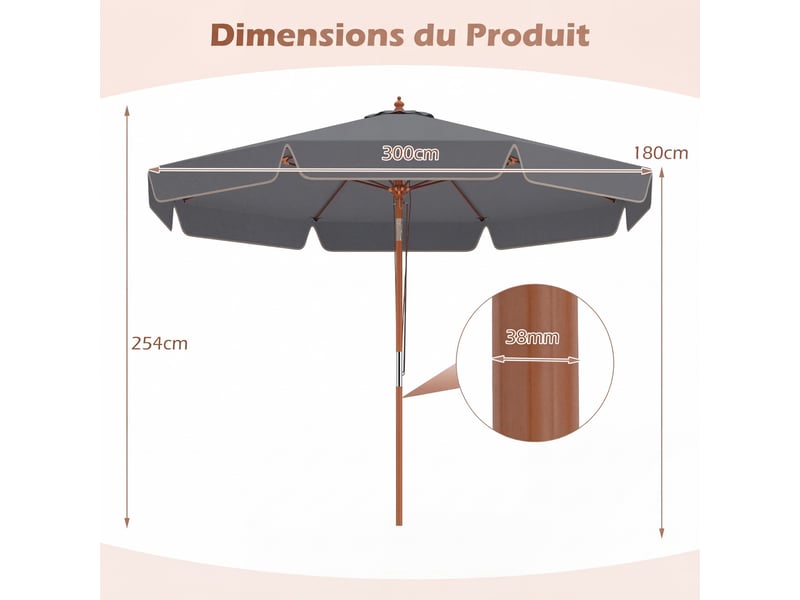  Giantex parasol de jardin exterieur à volants 300 cm,parasol terrasse inclinablle,poteau en bois,3 hauteur réglable,8 baleines,dessus ventilé,gris  - Conforama C
