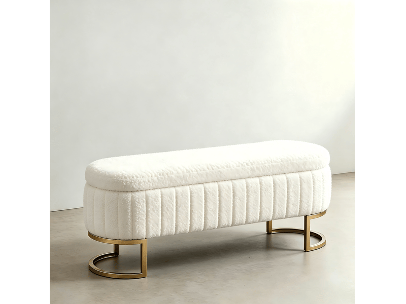  Banc coffre de lit 129,5 x 42 x 46 cm beige en velours, pieds métalliques dorés avec rangement intérieur  - Conforama E